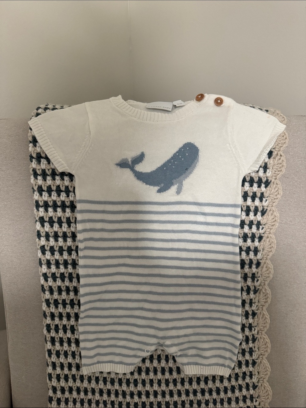 Baby Knit Whale Stripe One-Piece - Cream & Blue